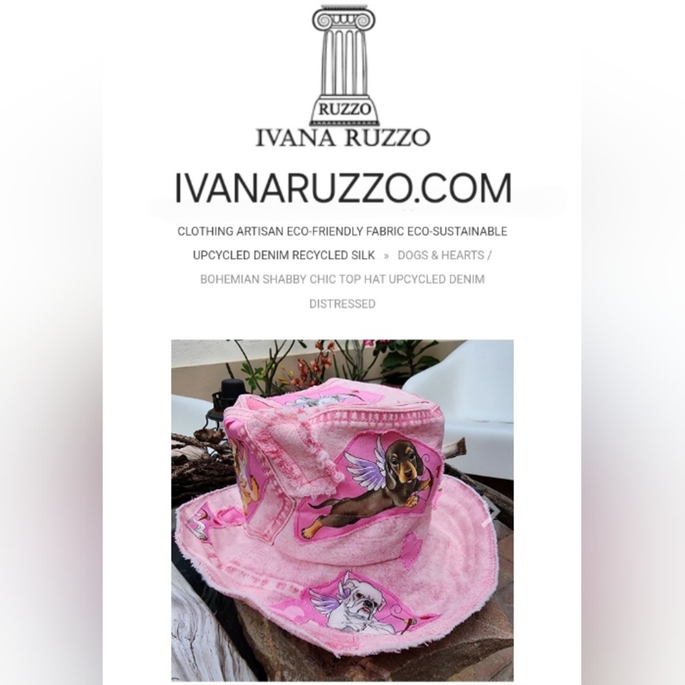 Shabby Chic Top Hat Distressed Dyed Acid-washed Denim Dog Pink Patched Upcycled - Picture 10 of 11